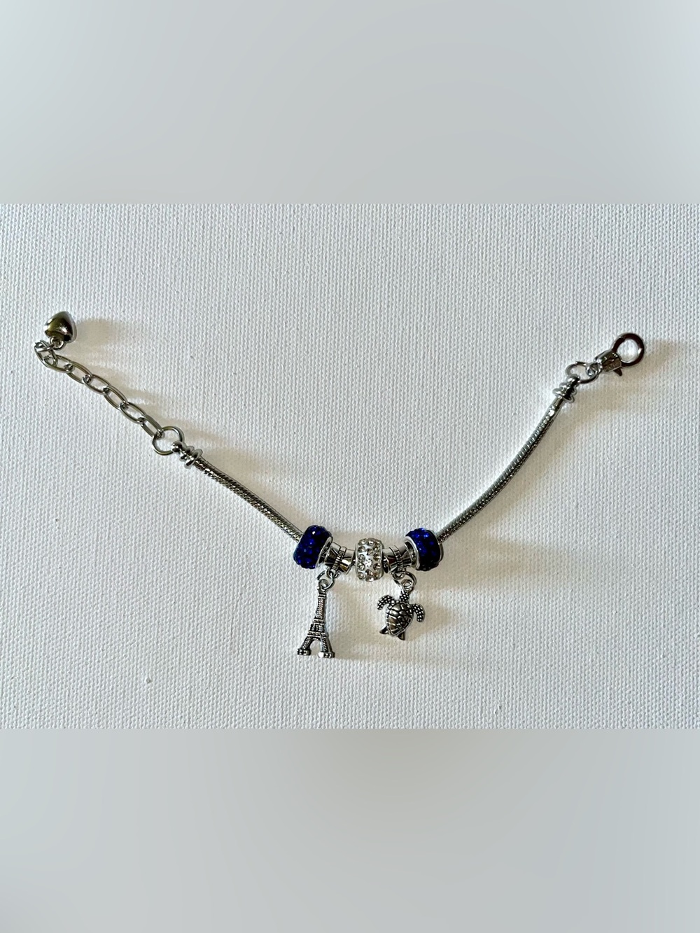 Silver Snake Chain Charm Bracelet w/Blue & Rhinestone Accents & 2 Silver Charms
